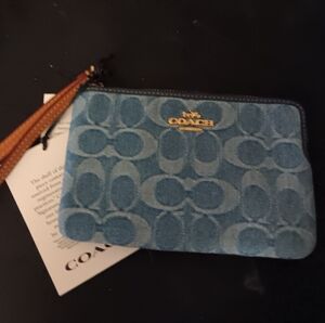 Coach Denim Signature Wristlet with Tan Strap and Gold Logo